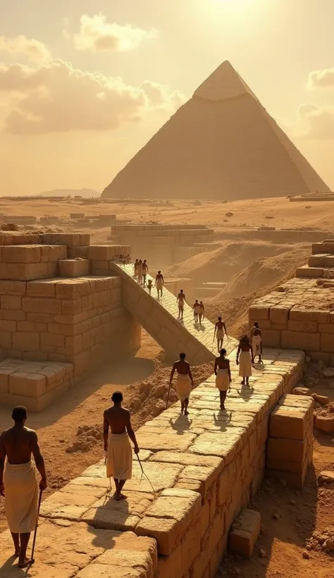 Egyptian Builders Using Primitive Technology
"A highly detailed scene of ancient Egyptian builders using wooden ramps, sleds, and rope pulleys to transport giant limestone blocks to build a pyramid. The workers, dressed in white linen kilts, are covered in...