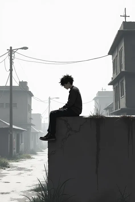  draw a picture of a teenage boy sitting on the edge of town like a colorless painting, make the lines black and b 