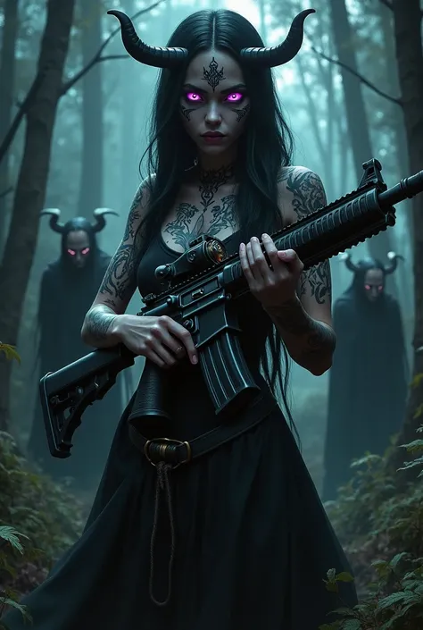 Make an image of a female demon with purple eyes and with tattoos on her face holding an AK 47 in a forest at night with some demons around hot, Make her gun made of cat skin