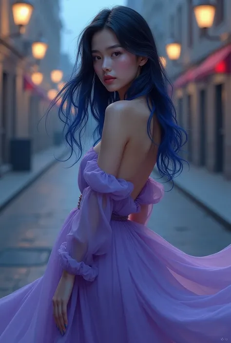 Make a very relaxed blue-and-black-haired American with a purple dress in a quiet city