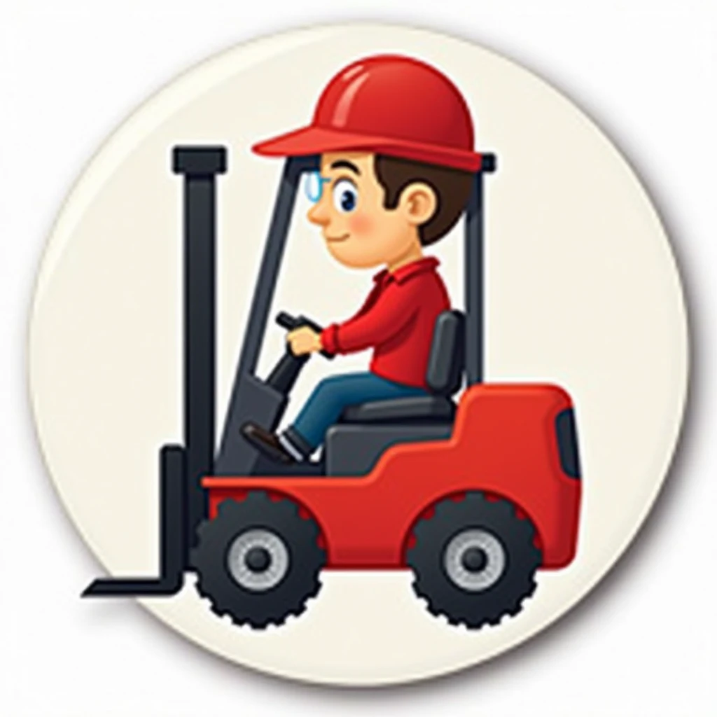 Create an icon-like sticker white 3d circular background, This sticker distinguishes the forklift operator, Therefore you must create the image of a forklift operated by a man who must wear a red boiler suit and a red safety helmet,  clear glasses.