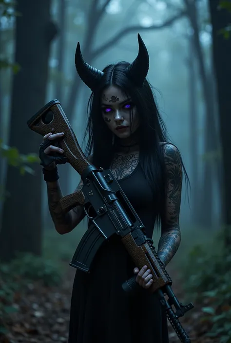 Make an image of a female demon with purple eyes and with tattoos on her face holding an AK 47 in a forest at night hot make her gun made of cat skin