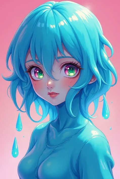  humanoid slime character made of slime, plasmoid girl, red and green eyes, 80s anime type illustration,  blue wavy skin that's slimy with a dripping effect, pink and green eyes, not nsfw