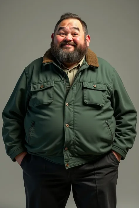 Make me an image of a fat man with a little beard,  brown eyes, with a green jacket and black pants