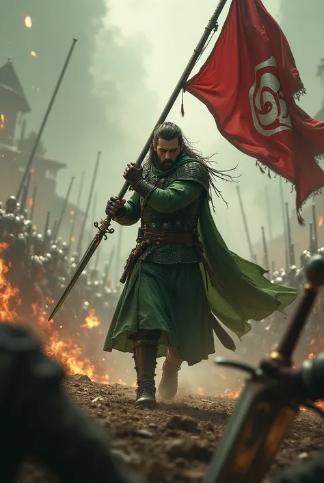 A person wearing green war clothes with a sword in his hand and a banner with a majestic and terrifying appearance is fighting enemies against enemies