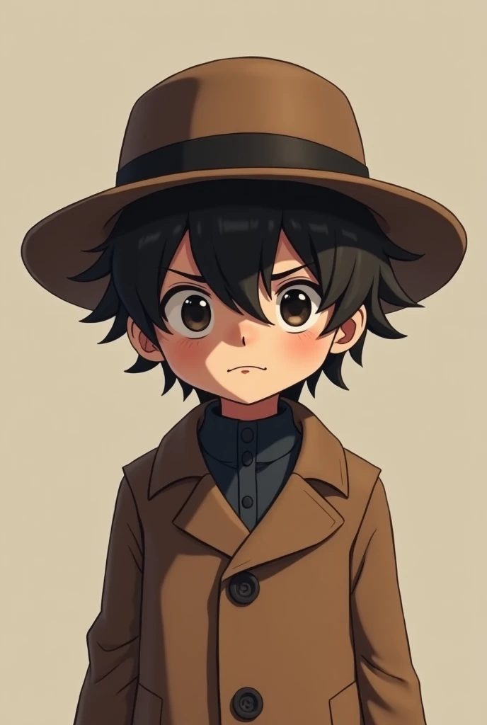  He is a little older, a twelve-year-old anime wearing a brown coat and a classic French brown hat. He is curved in his hat to the point where his features do not appear