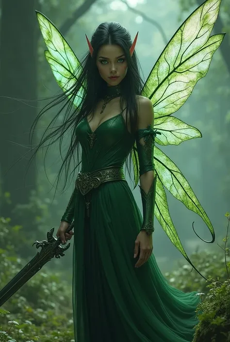 100 cm tall. A warrior, evil fairy. long black hair. emerald green eyes. transparent butterfly with wings. With pointed ears. with sword in hand.