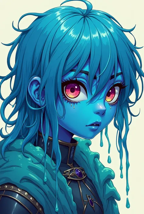  humanoid slime character made of slime, plasmoid girl, red and green eyes, 80s anime type illustration,  blue wavy skin that's slimy with a dripping effect, pink and green eyes, blue face, messy hair, slimy hair, dripping wet hair, dripping clothes, medie...