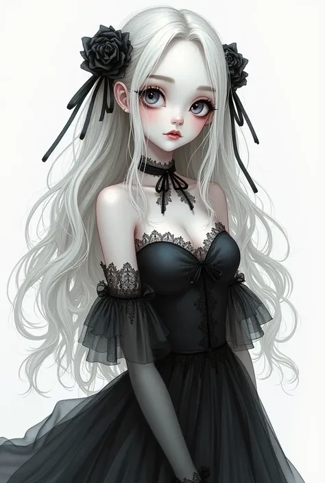 A sketch of a girl in a fairy-goth style, with delicate features and flowing hair, wearing a dark dress with lace and ribbons