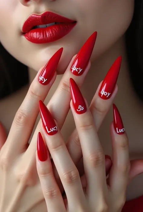 Is going with long red mails and on days finger right the name Lucy