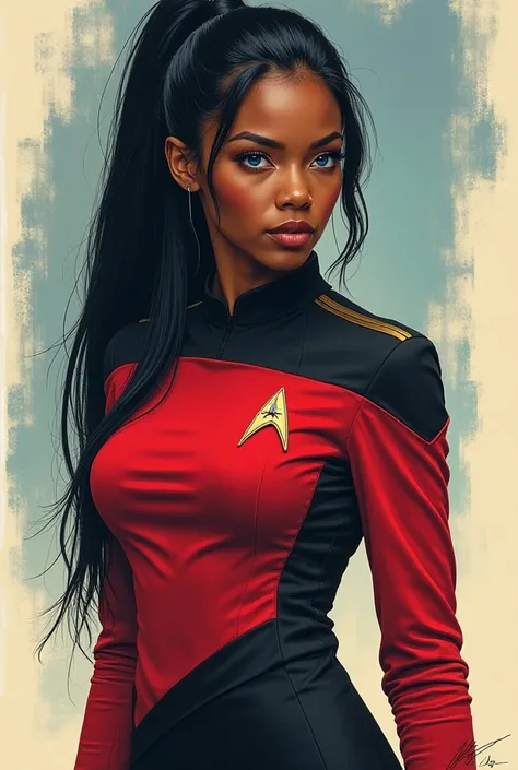 
 An illustrated movie poster ,  hand drawn, Full color, A young African woman -ager , ************, skinny body,  big boobs,  shy face ,  narrow face, wears a Star Trek uniform, bright complexion,  deep blue eyes,  long black hair in a ponytail, pony ,  w...