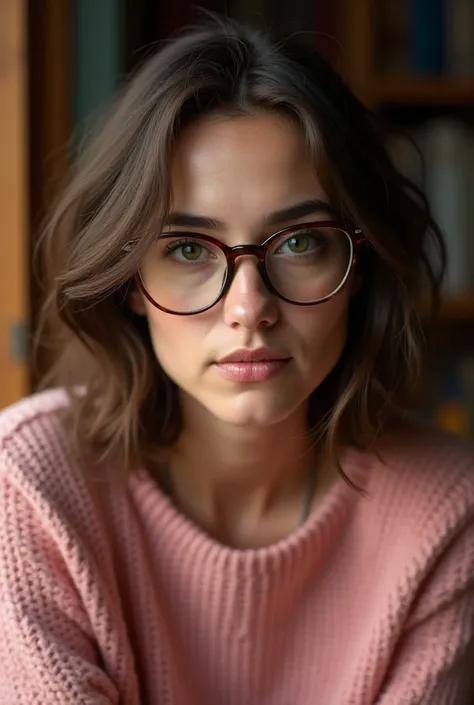 30-year-old writer, Shoulder-length and brown hair,  wear thick-rimmed glasses,  has full lips , She's thin and wears a pink sweater.