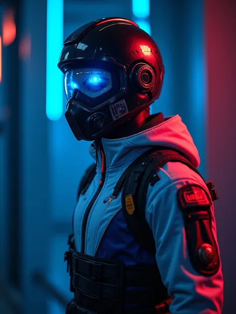  A cyberpunk warrior wearing a futuristic uniform in the colors blue,  white and red ,  with shiny metallic details .  High-tech mask covering part of the face , luminous blue eyes .  The setting is a dark neon background ,  highlighting the character with...