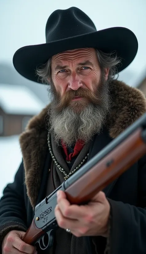 Judaism
A rugged Jewish cowboy with a thick, neatly groomed beard and sharp eyes, wearing a fur-lined coat and wide-brimmed black hat. His peyot curls rest along his jawline. He cradles a rifle with Hebrew etchings on the barrel. The snowy background blurs...