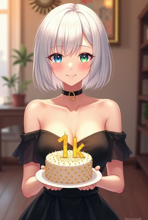  anime-style,  adult woman short white hair ,  with her right eye blue and left eye Green,Of approximately 22 years old wearing a beautiful elegant black dress and in her hands a beautiful cake with golden candles with the numbers 1k and the girl's face sh...