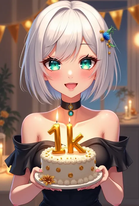  anime-style,  adult woman short white hair ,  with her right eye blue and left eye Green,Of approximately 22 years old wearing a beautiful elegant black dress and in her hands a beautiful cake with golden candles with the numbers 1k and the girl's face sh...