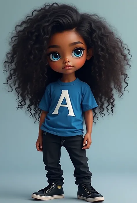  Create a PNG with blue eyes ,  blue shirt with the letter A in the middle,  black and curly hair,  black shoes ,  black pants, large character , beautiful,  with a light brown skin tone 