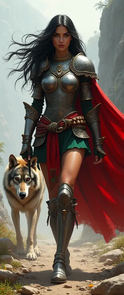 Very pretty sexy girl,  black hair,  Portuguesa , armor, warrior , Portugal flag on clothes,  short skirts , Walking next to an Iberian wolf.