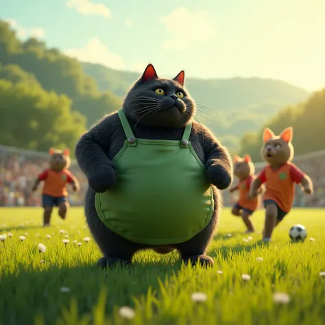 a fat black cat wearing a light and dark green apron, a group of ren playing soccer, detailed realistic lighting, realistic 3D rendering, photorealistic, highly detailed, 8k, HDR, cinematic lighting, vibrant colors, dynamic action pose, lush outdoor enviro...