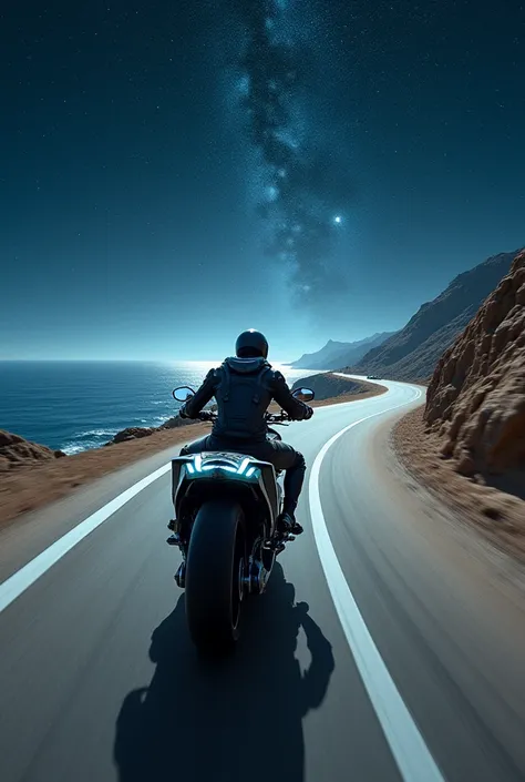 First-person perspective of a futuristic motorcycle rider speeding along a narrow sandy road between ocean and shore under a breathtaking starry night sky.