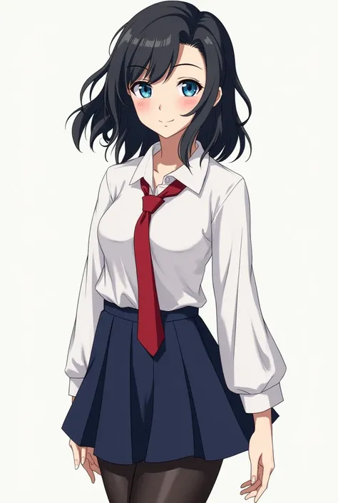  Version Boku no hero Academi girl with a tender smile,medium wavy long black hair , bright blue eyes, white skin ,Navy blue short skirt,loose white shirt, skirt with a red tie, black tights .