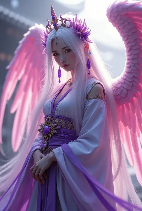 A Japanese royal with white hair with purple tips and pink wings realistic 