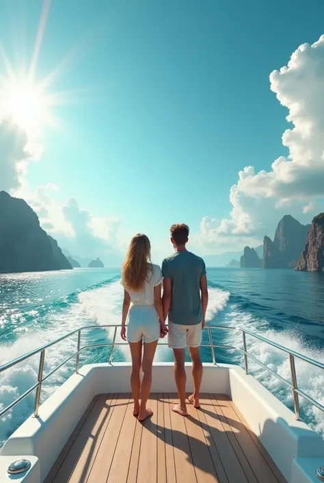 A young couple imagines themselves on a yacht traveling in a very realistic 3D mode