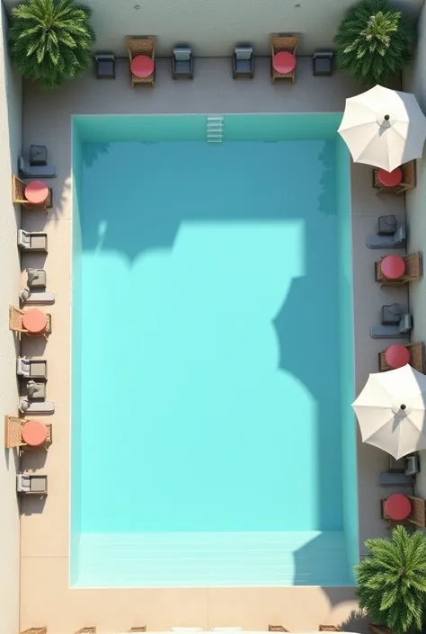 I want a plan of a rectangular pool with tables with umbrellas around and on the right side and in the background walls with a front view as if I were looking at it from the front, a 3D plan