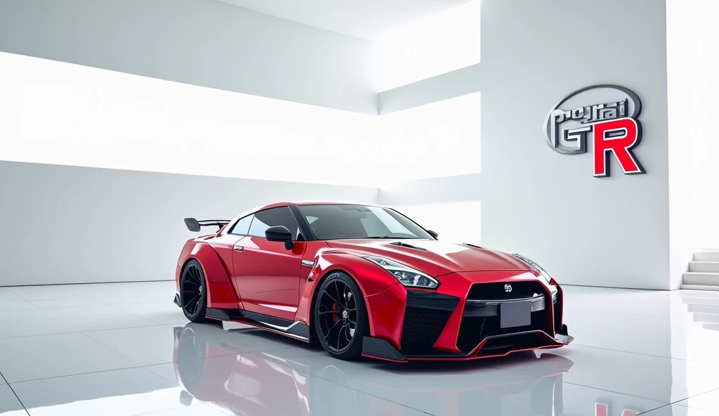 A captivating image of a (car Nissan Gtr)center stage in a luxurious white showroom. The futuristic, vibrant ( color) exterior gleams, showcasing its sleek, aerodynamic design and bold accents. The car touch screen
)  view highlight the cutting-edge innova...