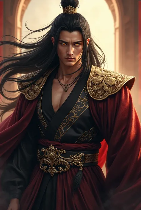 emperor, , a young man with long black hair and golden eyes. With a military build and a stern look  