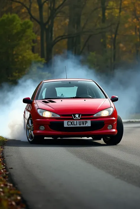 Peugeot 206 S16 rouge, qui fait un dérapage dans un virage 