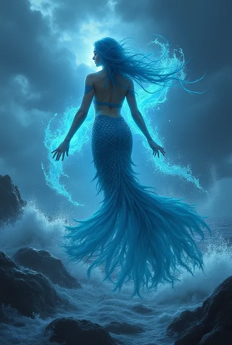 Storm Tamer: A powerful blue sea mermaid uses her control over the tides and storms to protect her kingdom from an incoming ship raid. As the sky darkens and waves crash, she must summon all her strength to hold back the fury of the ocean.