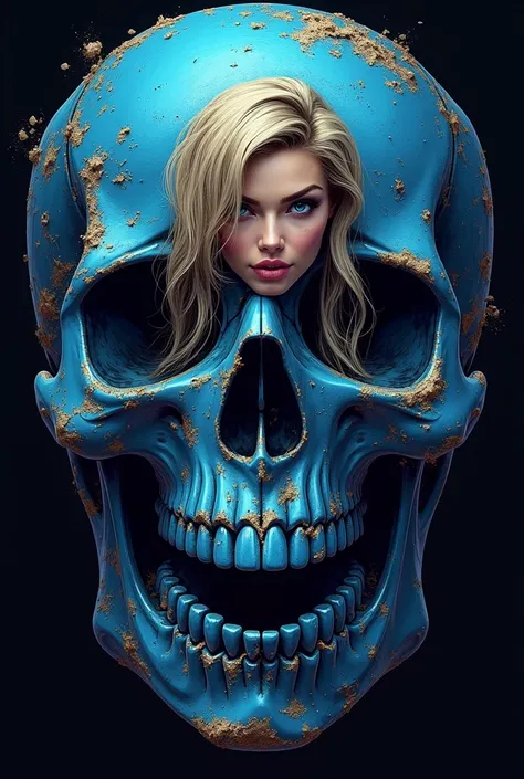 Biker logo with blue skull and naked blonde 50 years old hype realistic woman squeezing her breasts.