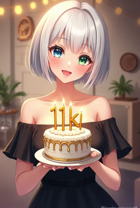  anime-style,  adult woman short white hair ,  with her right eye blue and left eye Green,Of approximately 22 years old wearing a beautiful elegant black dress and in her hands a beautiful cake with golden candles with the numbers 1k and the girl's face sh...