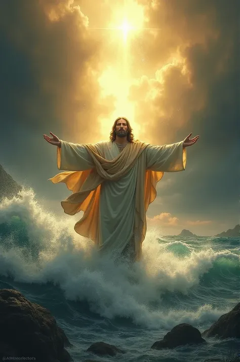 A close-up of Jesus Christ standing in the midst of a raging storm, His arms outstretched, radiating golden light that pierces the dark clouds above, while waves crash around Him, symbolizing His power to bring peace and protection.