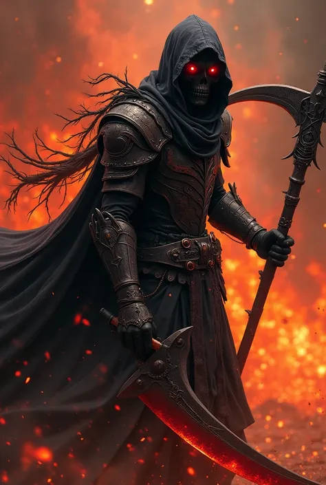 ultra realistic Reaper Description: A fiery, bold figure with burning red eyes and armor resembling the scorched earth. The scythe is sharp and quick, reflecting Aries' relentless and impulsive nature. This Reaper would be seen charging fearlessly, strikin...