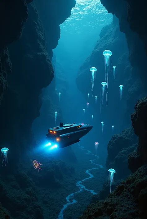 A deep-sea diver probe slowly descends into the underground ocean, its lights revealing strange, glowing creatures never seen before.