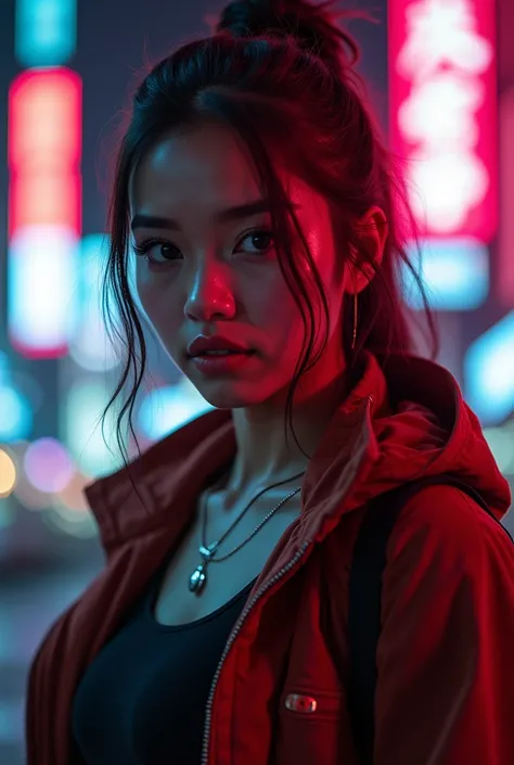 Close up cinematic portrait of a young woman, natural beauty, wearing urban cyberpunk outfit, dynamic pose, neon city background, volumetric lighting, soft glow, photorealistic details, movie color grading, 8k quality, professional photography"
Можно добав...