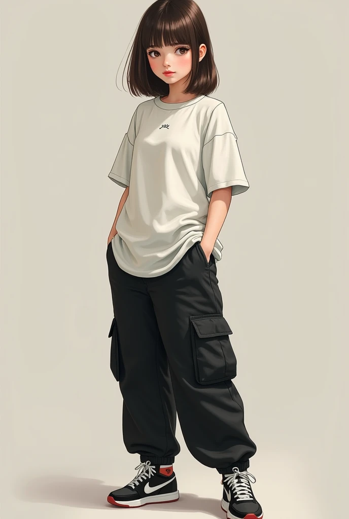  With bangs straight brown hair and big round cheeks plus a thin face slightly flattened nose thinner brown eyes with wide white blouse wide black cargo pants and a Nike sneaker