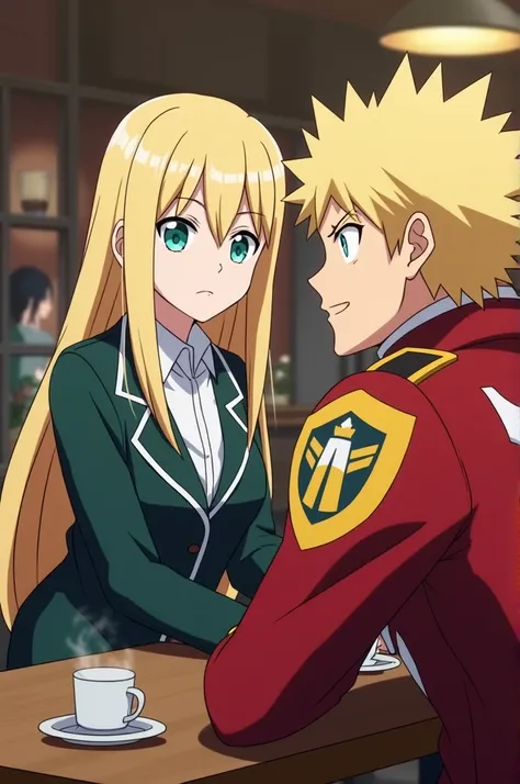  My Hero academy screenshot,  of an 18-year-old girl ,  long straight blonde hair , turquoise eyes,  wears the UA uniform
She is with All Migth (Toshinori Yagi), both are in a cafe  