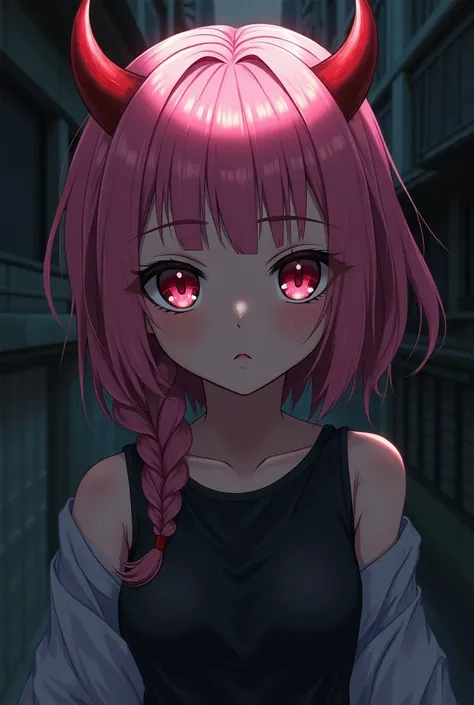 Play an anime girl with pink hair and small red horns in the style of the Tokyo Ghoul anime.