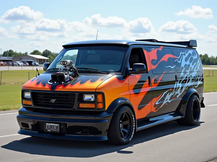  Generate a sports van in sight 3 / 4 on the front ,  parked at a racing circuit .
 Description : A monster prepared for speed .  It has an exposed engine with a supercharger coming out of the hood ,  wide rear tires and reinforced suspension .  The sides ...