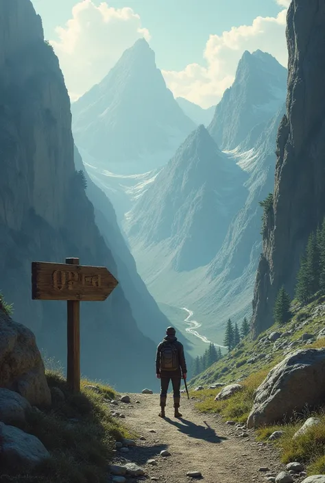 Person standing at a mountain cross roads, where he stands upon a wooden sign written "JPA" point in on of the rugged looking paths. 