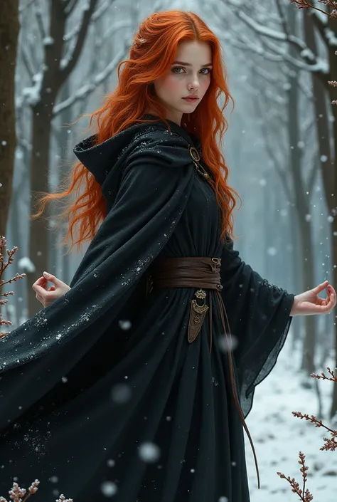 Halfportrait of young redblonde  female Witch apprentice, winter, flames in brown eyes, black cloak, , Arms Wide Open, Forest, realistic 