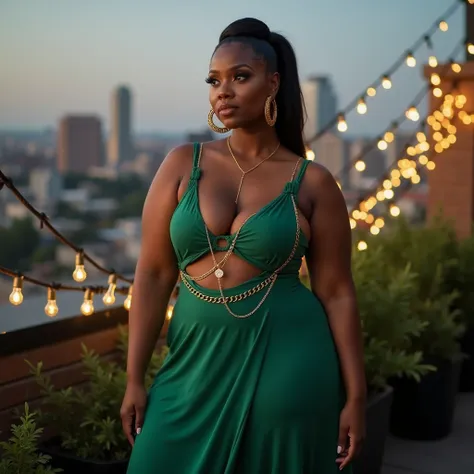 A curvaceous Black woman in a cut-out maxi dress in emerald-green jersey, the dress’s geometric cutouts revealing gold body chains. She wears gold hoop earrings and a slicked-back bun, standing on a rooftop garden strung with fairy lights and surrounded by...