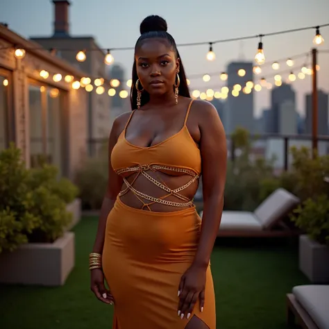 A curvaceous Black woman in a cut-out maxi dress in caramel jersey, the dress’s geometric cutouts revealing gold body chains. She wears gold hoop earrings and a slicked-back bun, standing on a rooftop garden strung with fairy lights and surrounded by skyli...