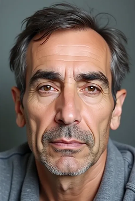 Realistic photo of a 53 year old Lebanese man, clean shaven face, light arched eyebrows, wide black almond shaped eyes, hooked nose, full lips, white skin, medium length hair, realistic photo, passport photo