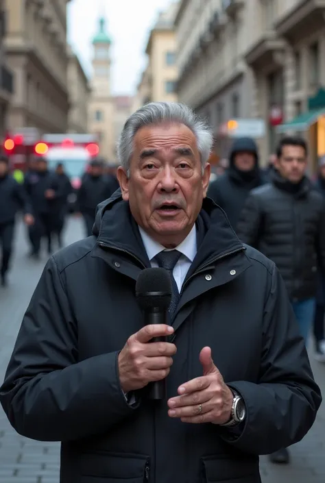  A reporter holding a microphone and with a frightened face . He is scared and nervous .  Behind him are people running desperately and an ambulance and police officers.  The scene is tense and shows the chaos that takes place on the street  