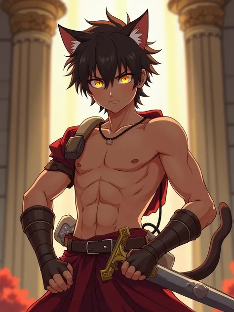  boy shirtless. lean and athletic. He is a cat boy with dark brown hair with cat ears and cat eyes. He is a lefty and a royal guard. He has a sword on his right hip. In an anime art style