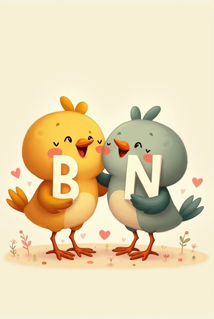 A cute cartoon couple of birds in a whimsical art style, both holding a character the first character is the letter 'B', while the second character is the letter 'N.' They are smiling and standing close together, looking happy and playful. The background i...